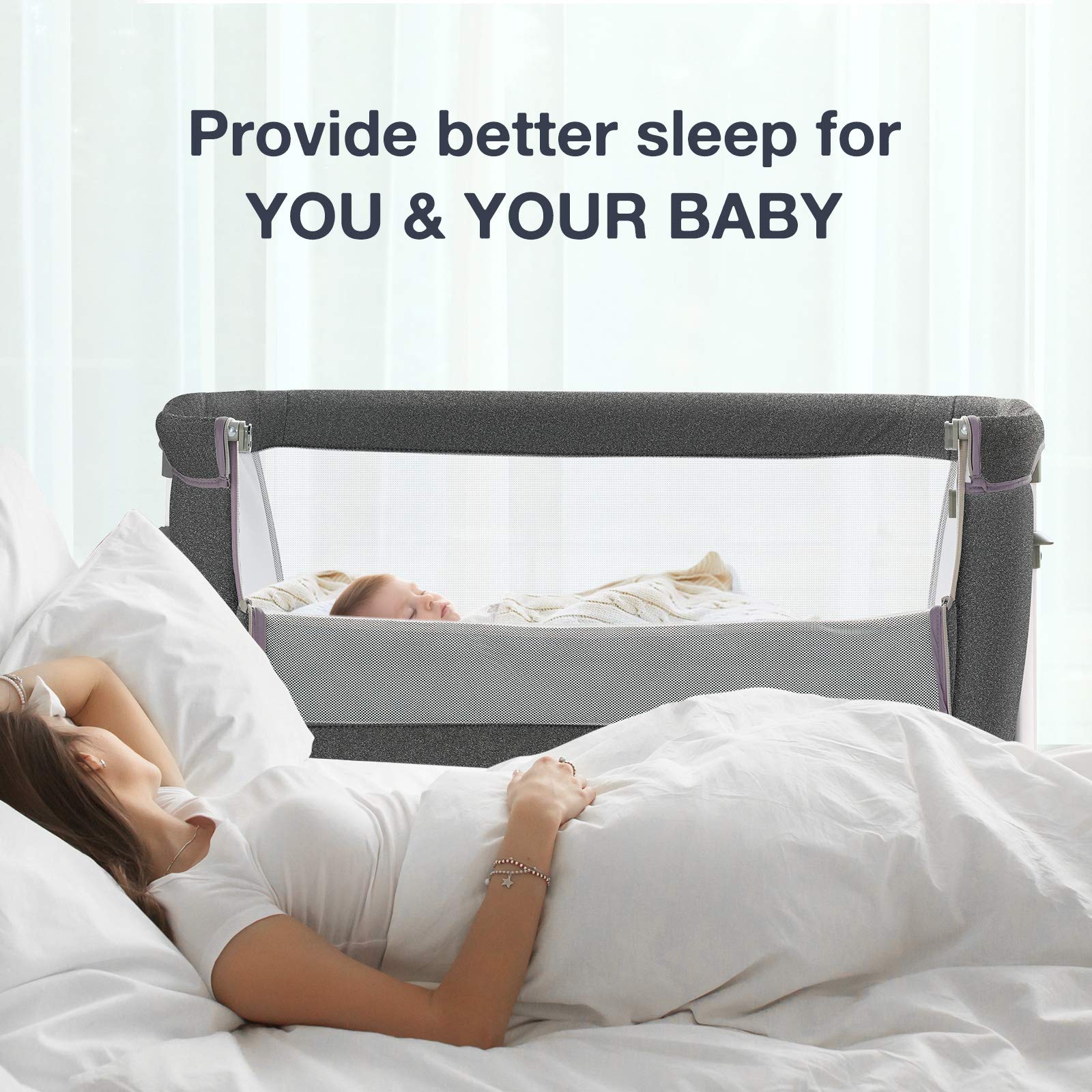 RONBEI bedside sleeper with mesh walls promotes breathability and visibility for monitoring baby.