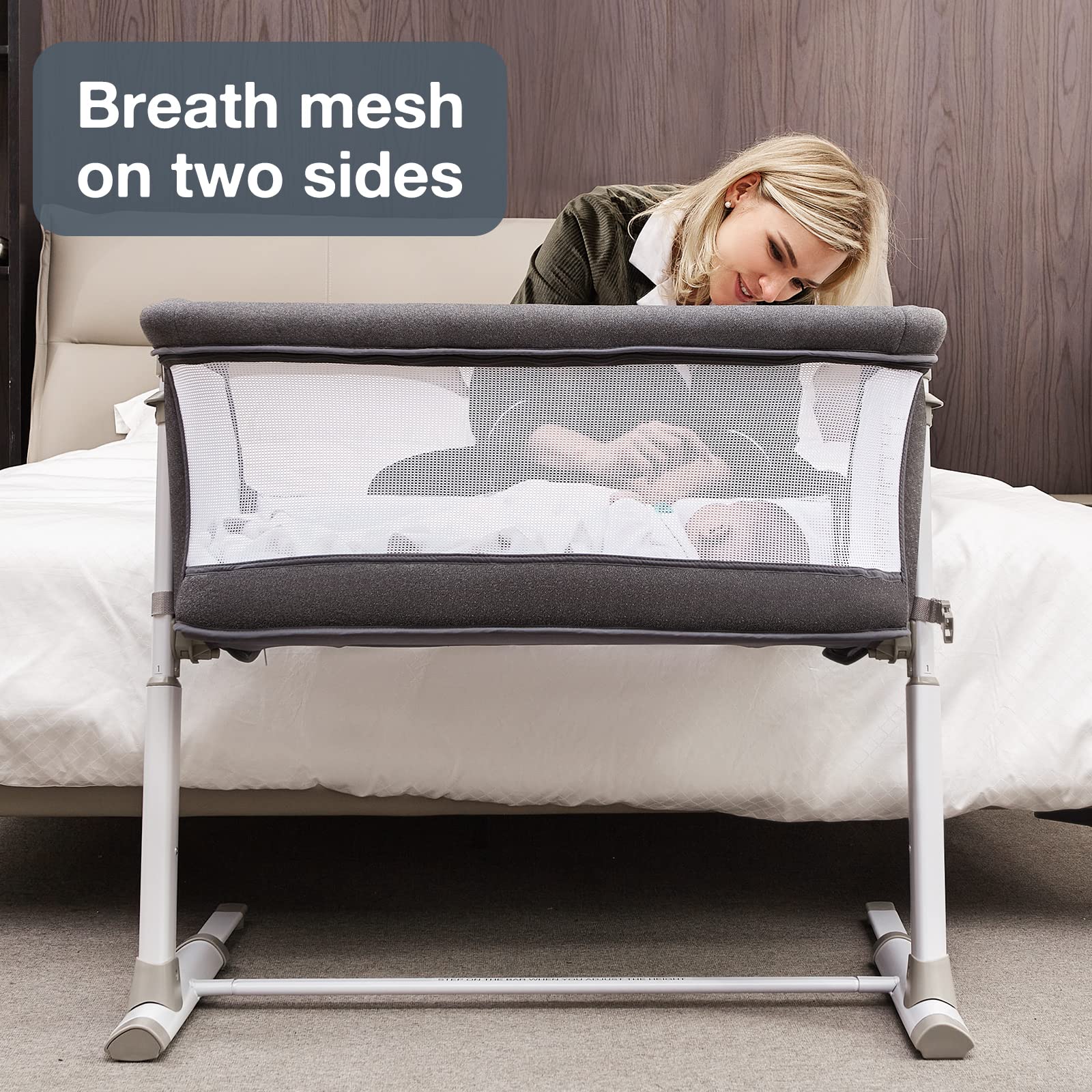 RONBEI Bassinet with breathable mesh sides for visibility and airflow.