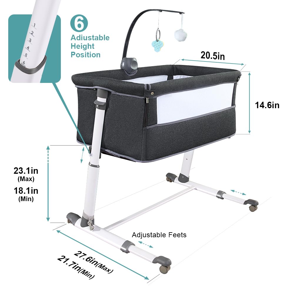 RONBEI bassinet in dark grey complements nursery decor while keeping baby close.