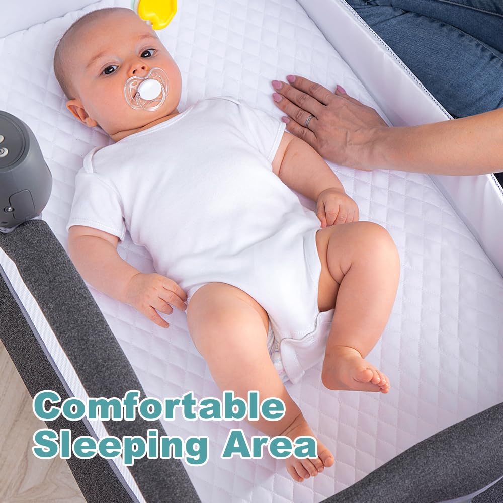 RONBEI bassinet showing six height levels for bedside positioning.