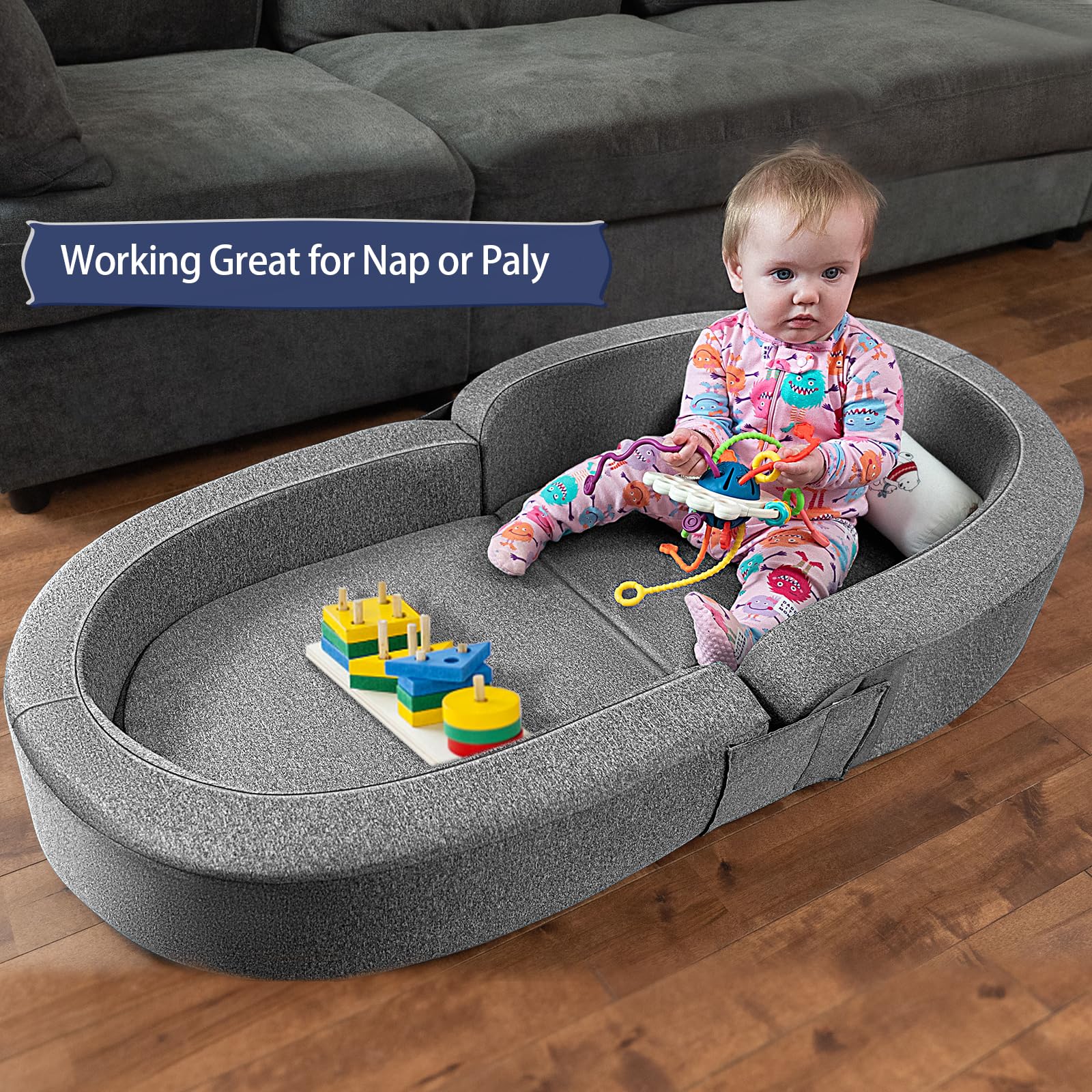 RONBEI toddler travel bed in bed mode offers secure rest on the go.