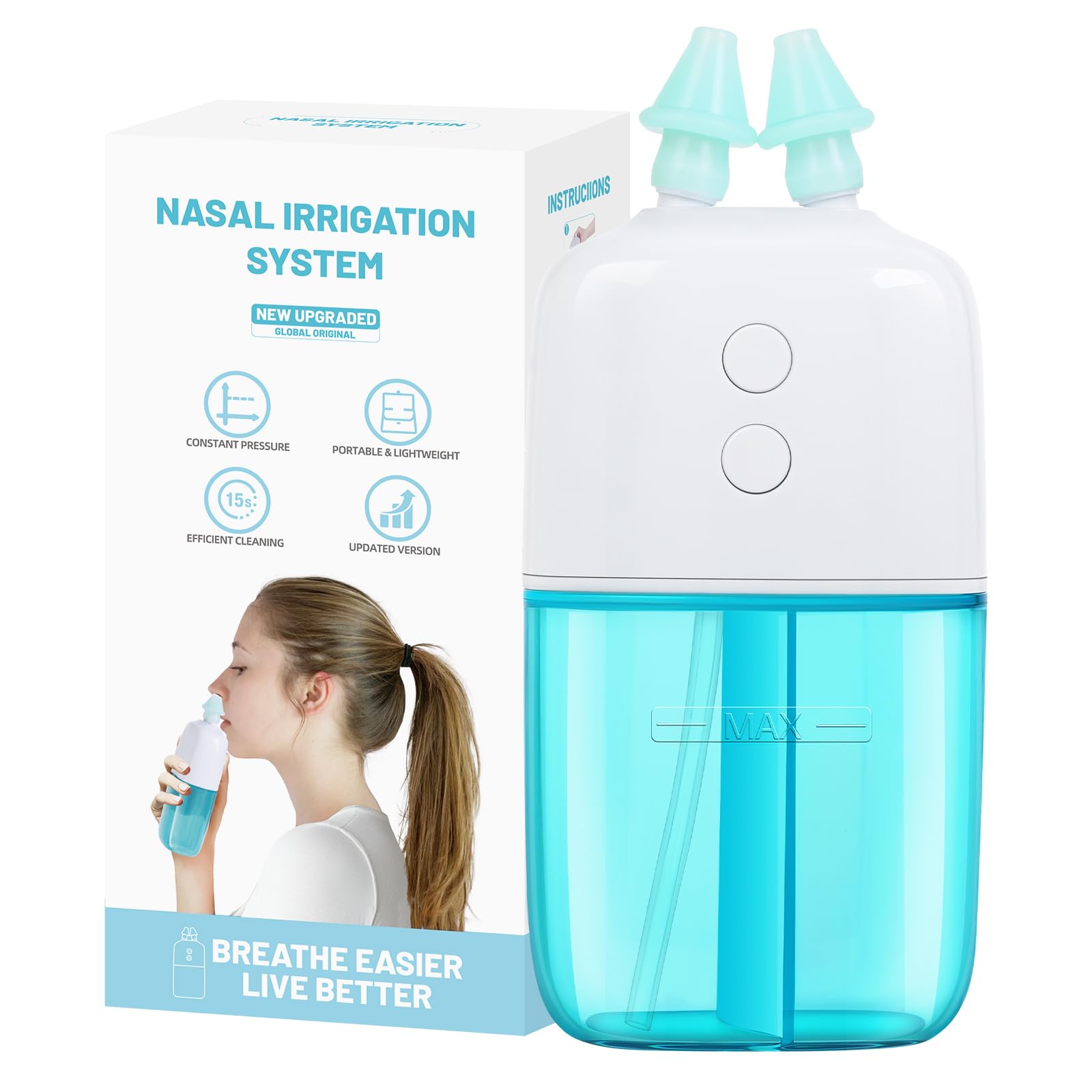 Ronfnea nasal irrigator dual motor system for a powerful, gentle rinse.