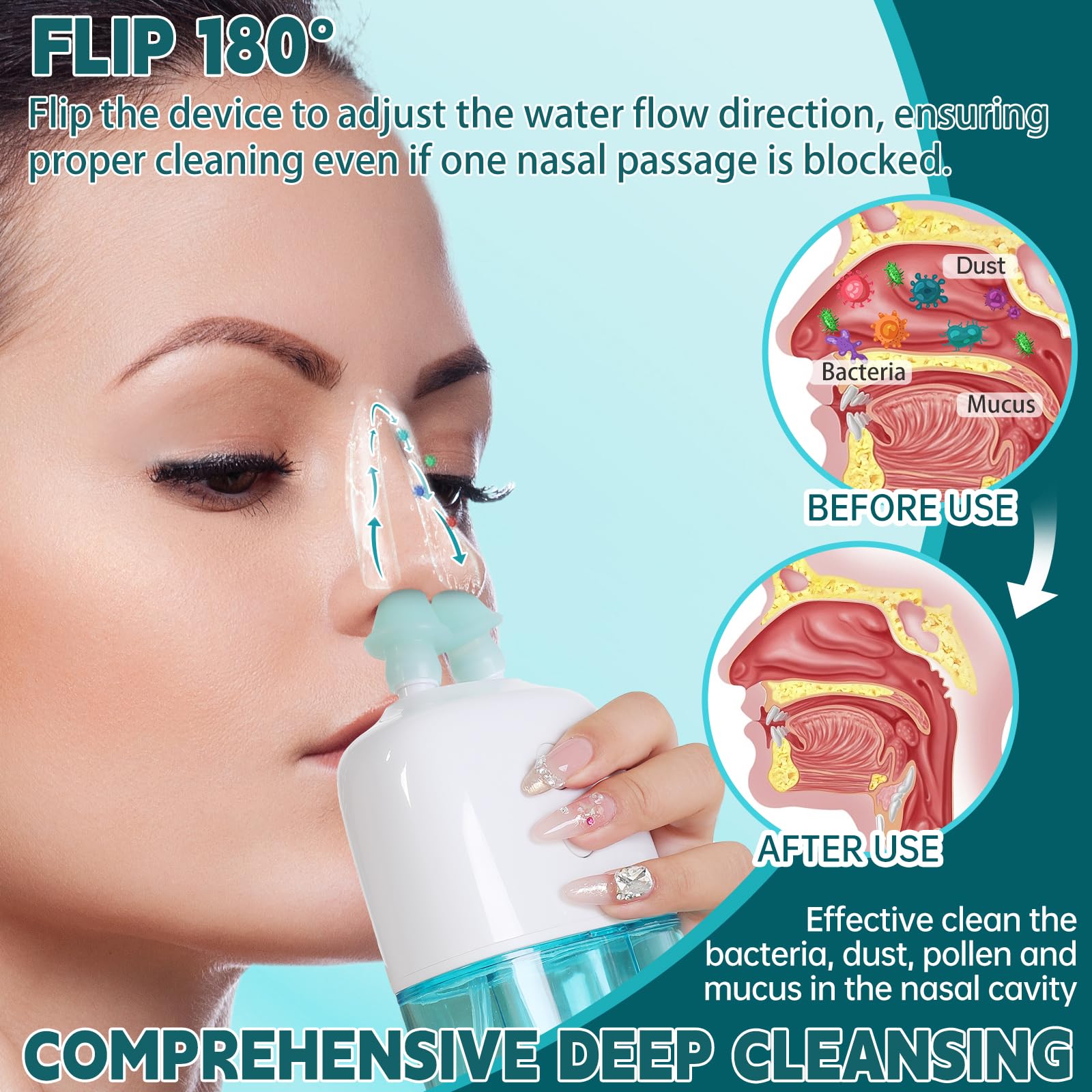 Ronfnea nasal irrigator portable design shown for travel-friendly use.