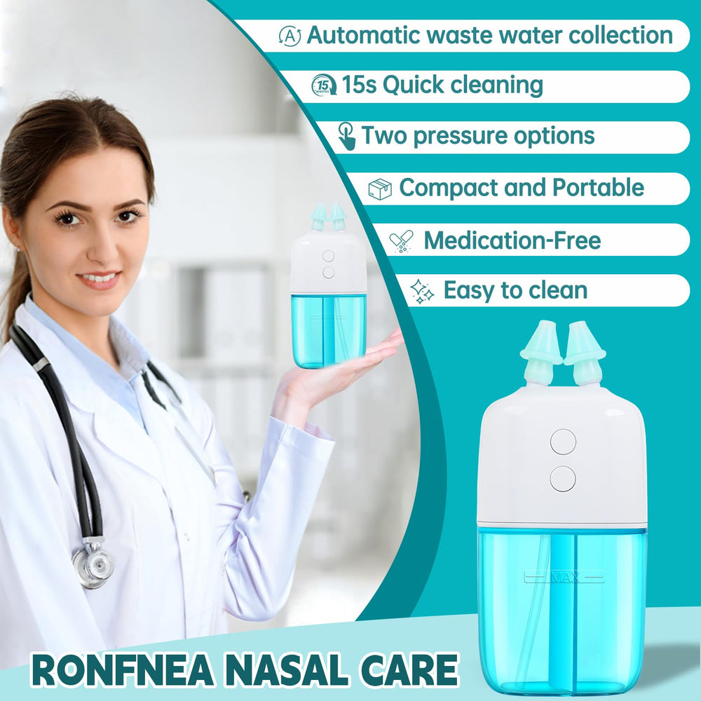 Ronfnea nasal irrigator saline chamber demonstrates easy, refillable cleansing solution.