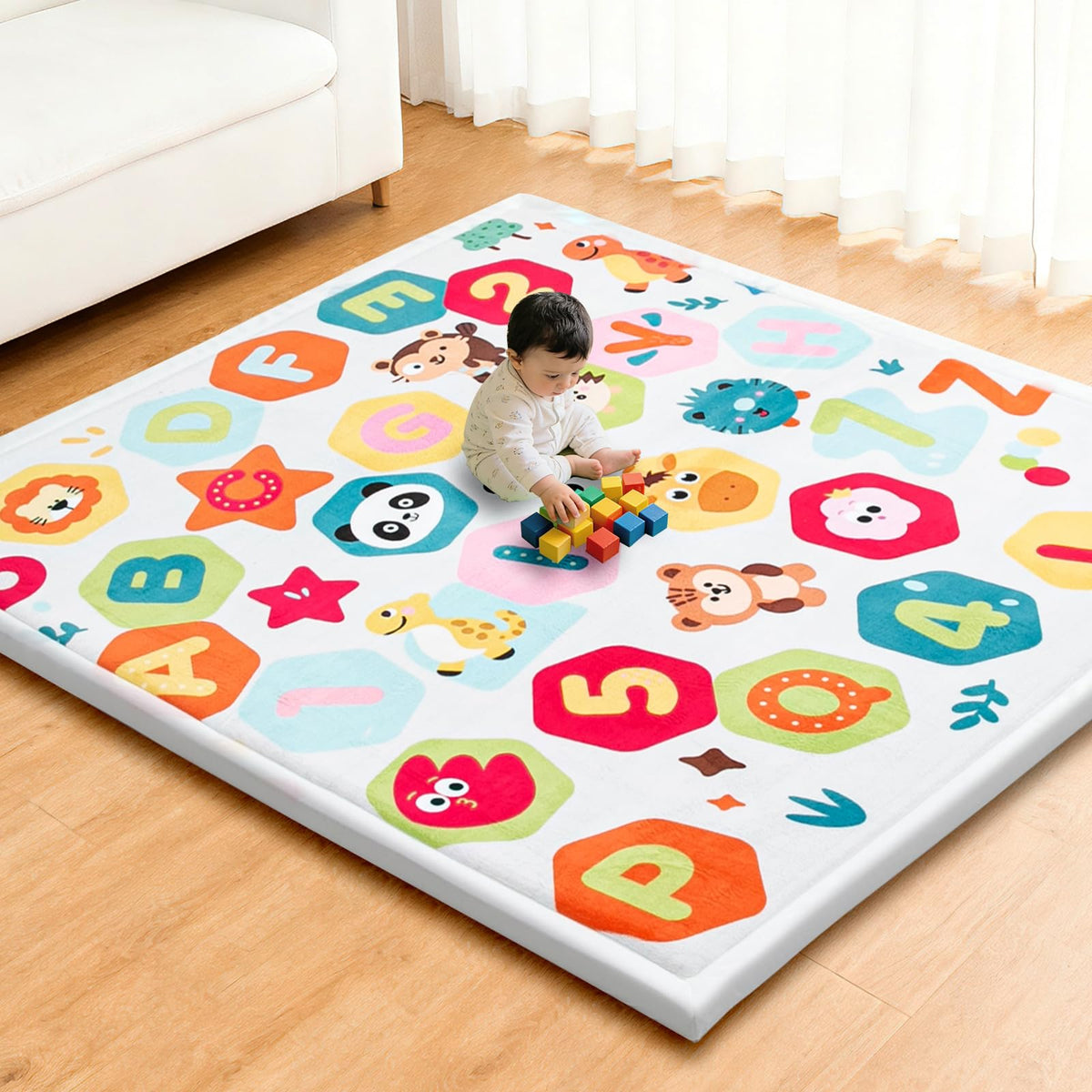 RONGFA baby play mat with coral velvet surface for soft tummy time.