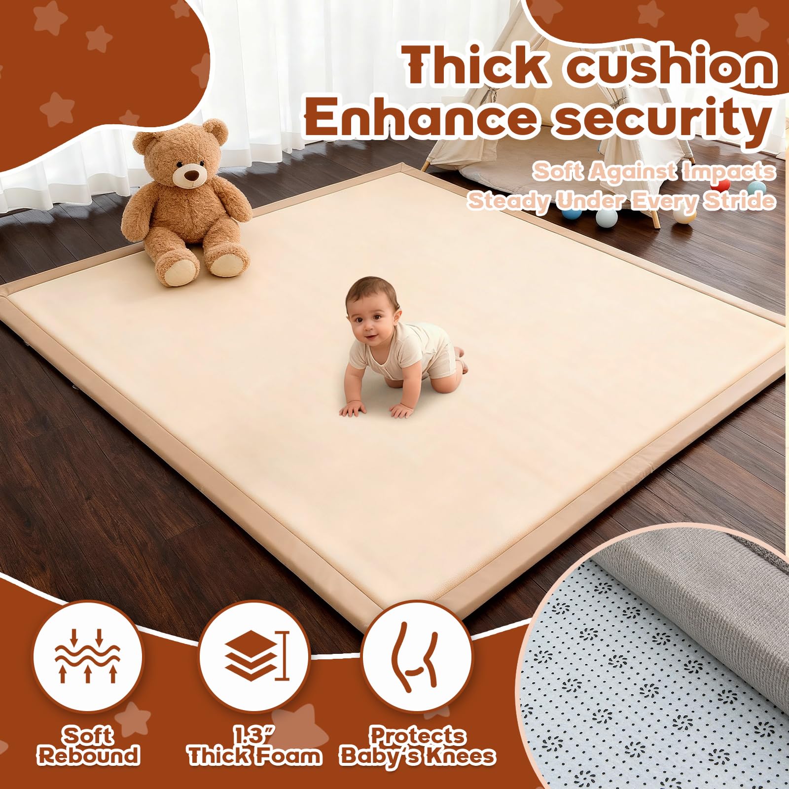 RONGFA foam-padding close-up shows 1.3-inch thickness for cushioned tumbles
