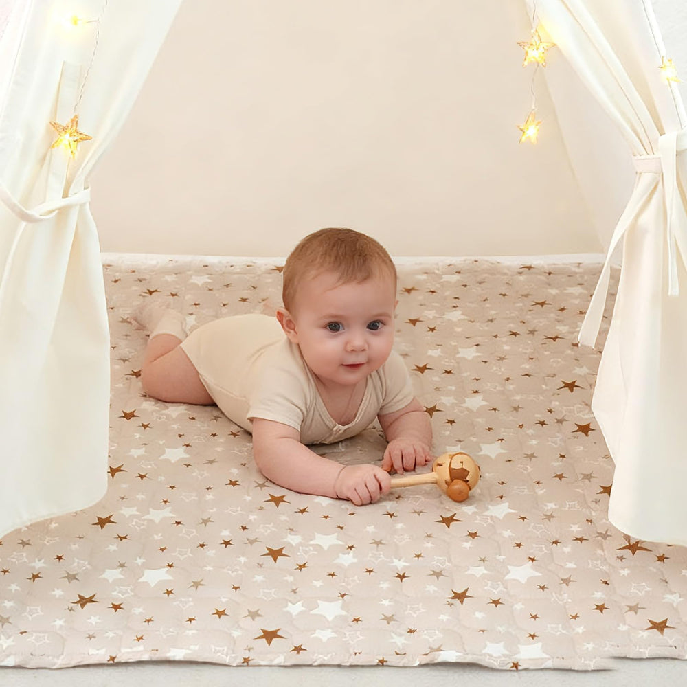 RONGFA Teepee Tent Mat unfolded in living room to create a spacious play space