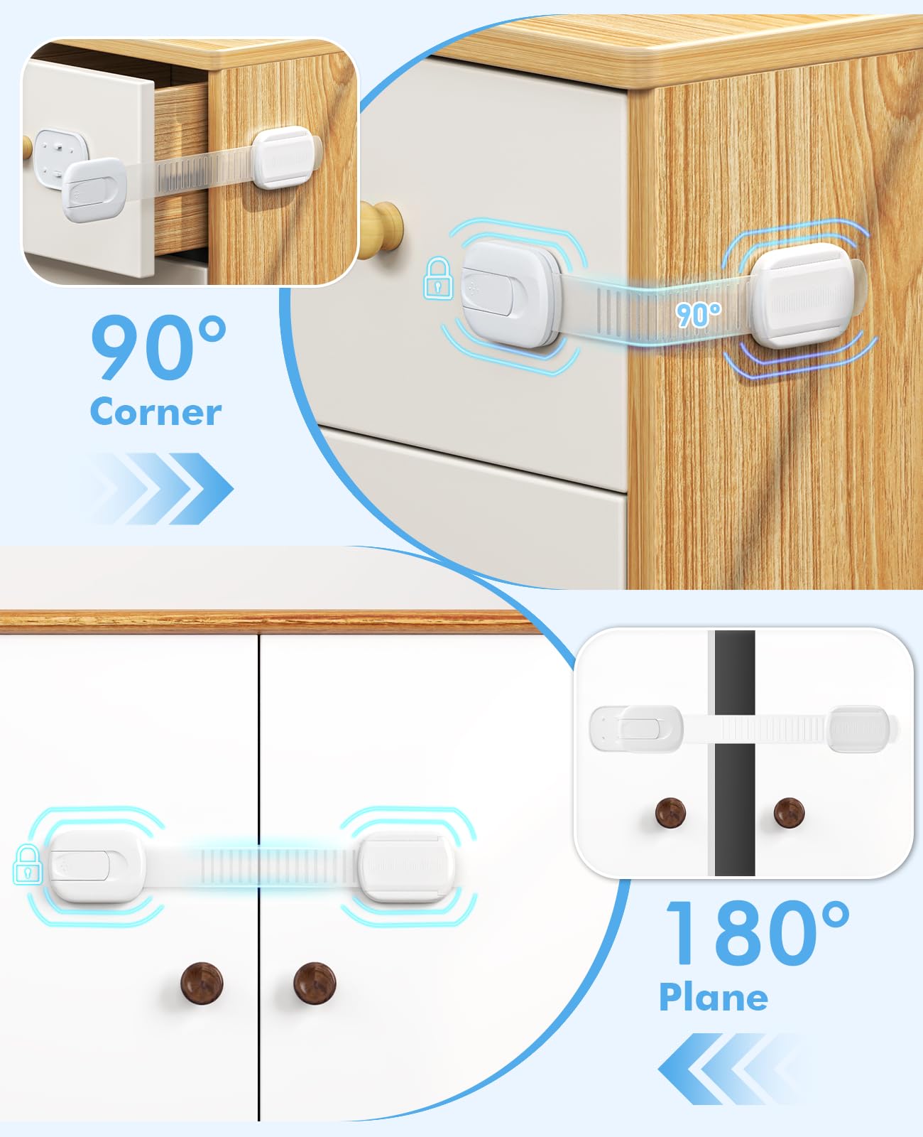Roocickee multi-use cabinet locks protecting kitchen, fridge, and toilet areas.