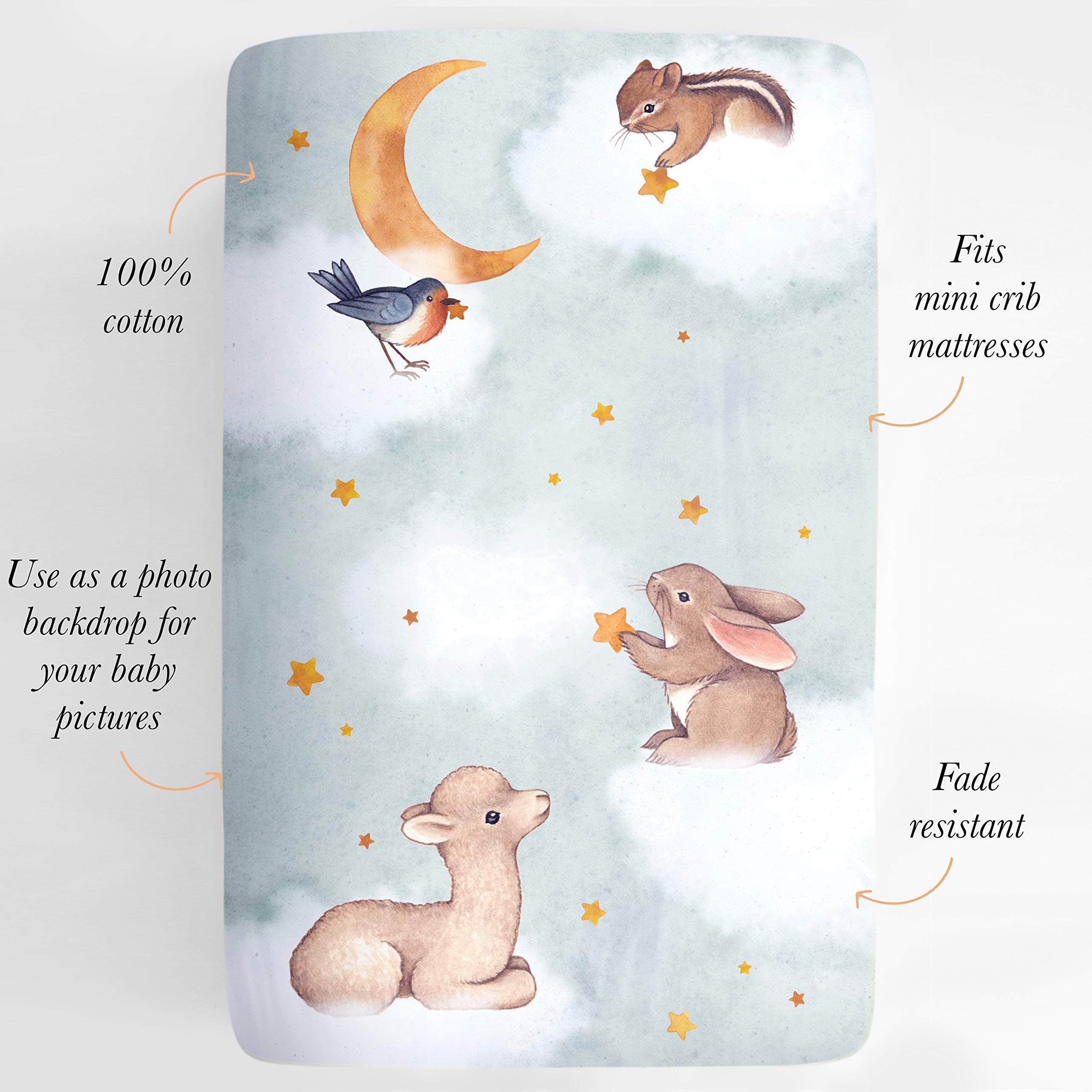 Rookie Humans crib sheet watercolor artwork adds soft, dreamy backdrop to baby pictures.