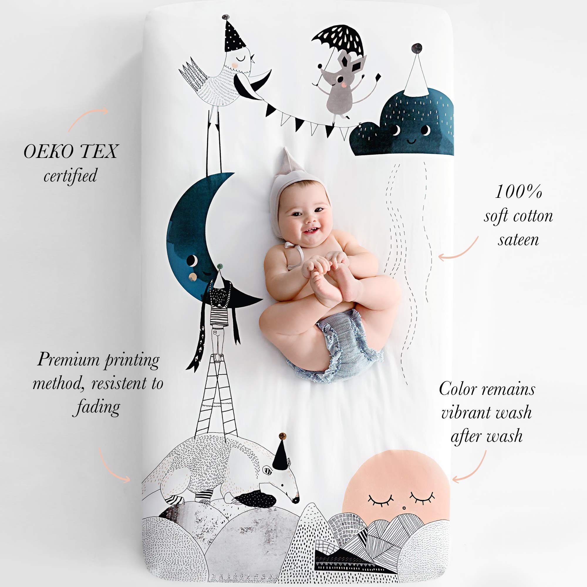 Rookie Humans Moon's Birthday soft cotton sateen texture highlighting gentle touch for baby skin.