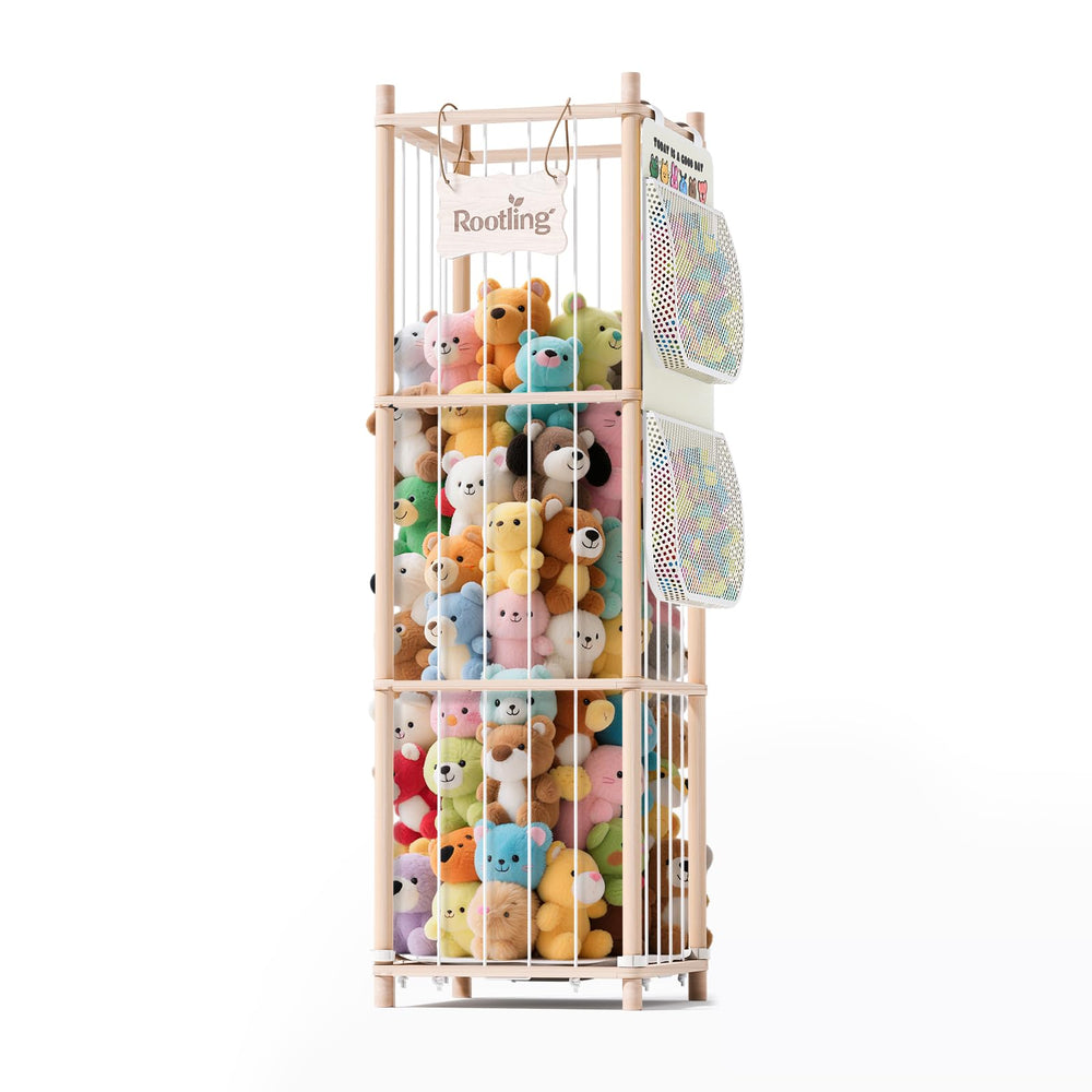 Rootling stuffed animal storage cage keeps toys organized and easy to reach.