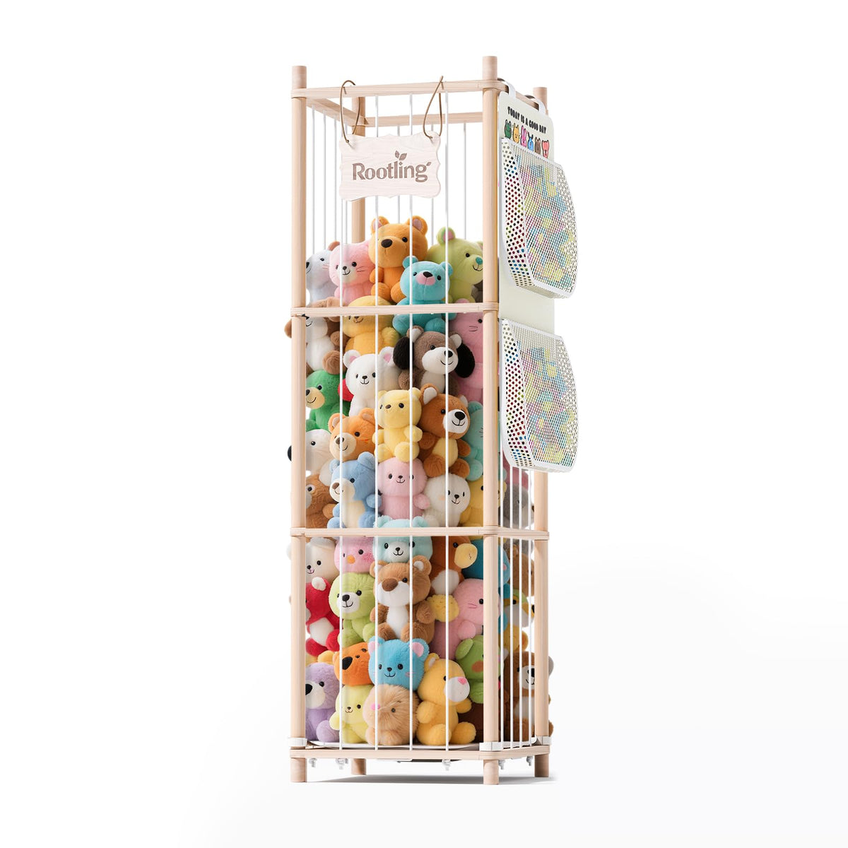 Rootling stuffed animal storage cage keeps toys organized and easy to reach.