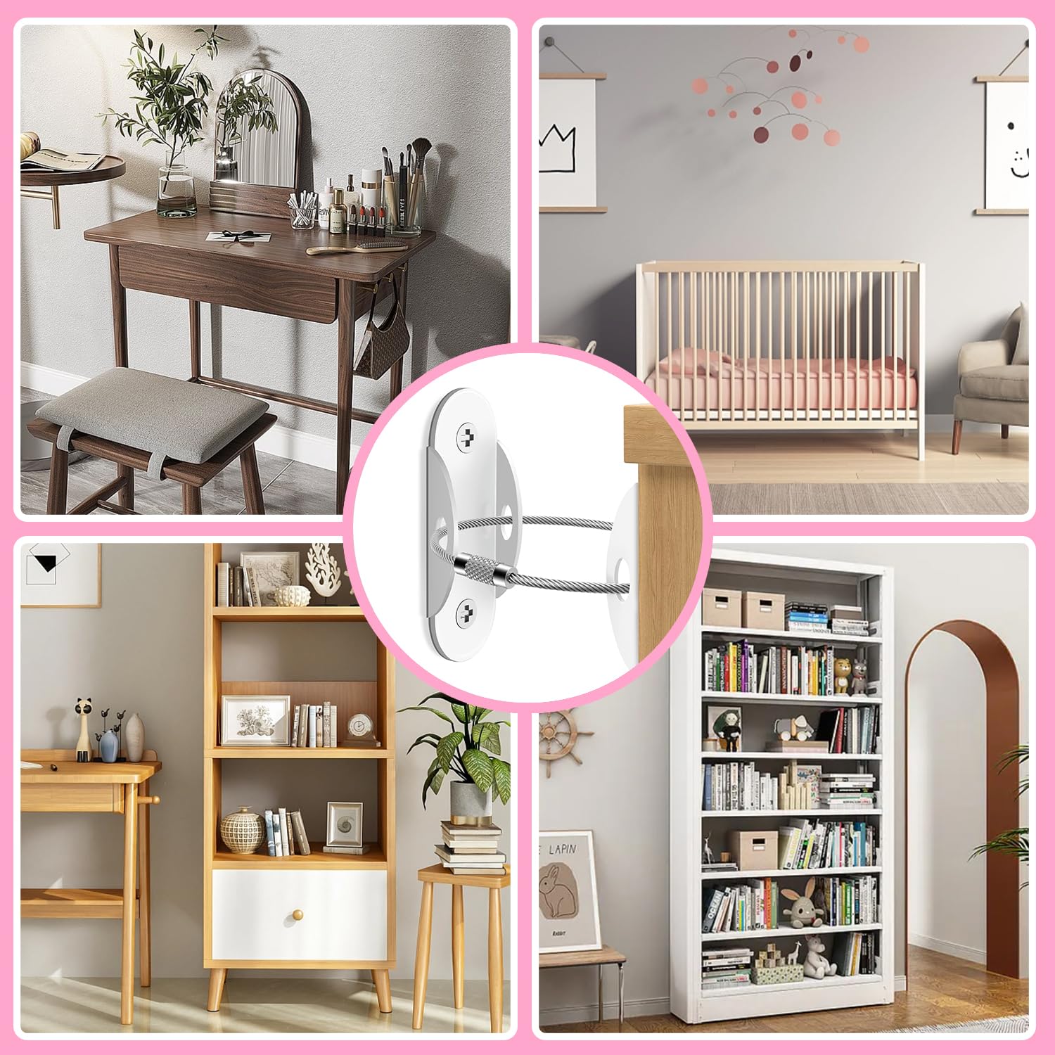 RORMGO bookcase secured with strap reduces tip risks.
