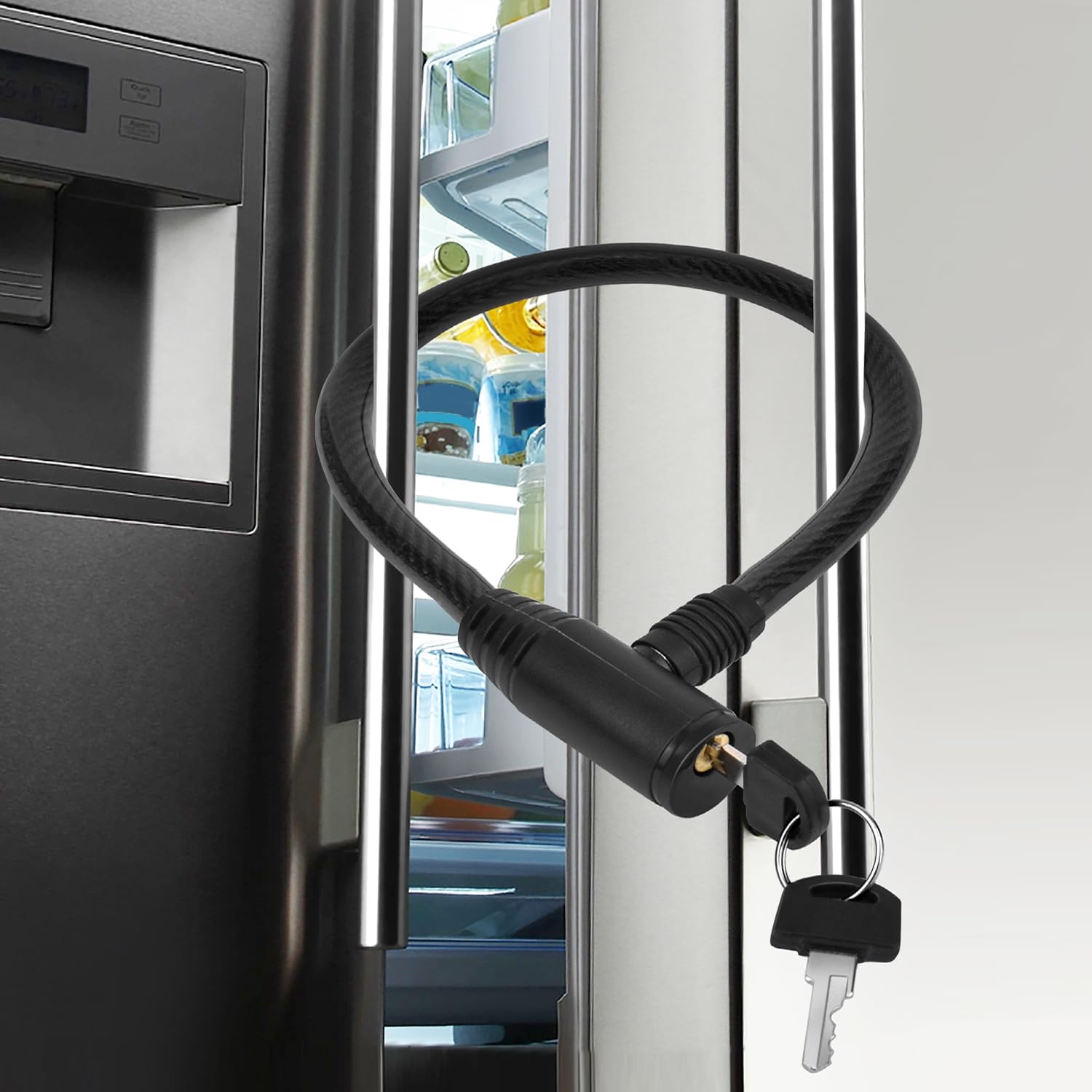 RORMGO refrigerator lock with keys close-up, showing secure access