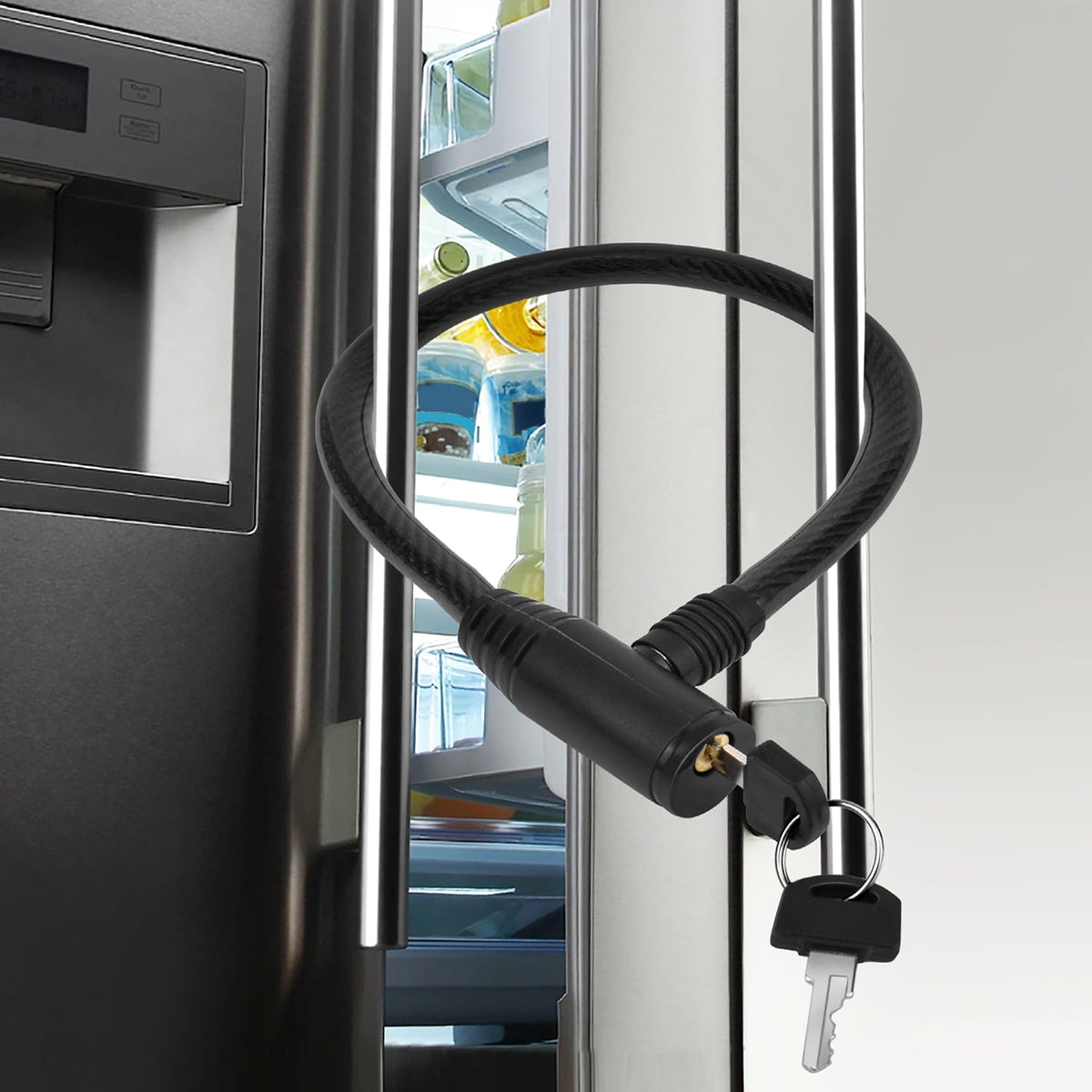 RORMGO refrigerator lock with keys close-up, showing secure access