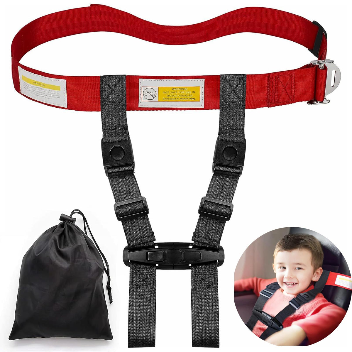 ROSROSE child airplane safety harness secured on airplane seat for travel