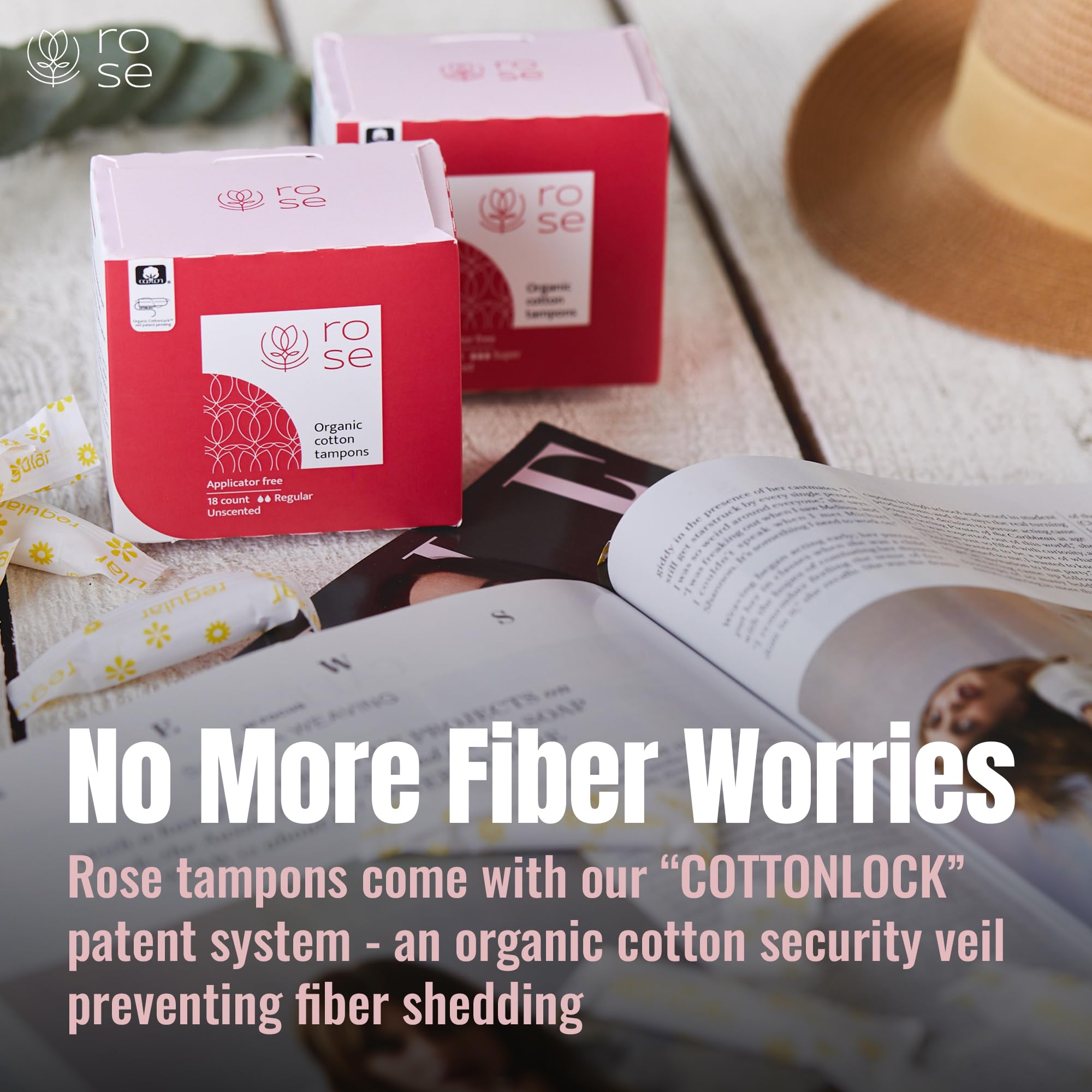 ROSE Organic Tampons with 100% cotton core for comfortable absorption.