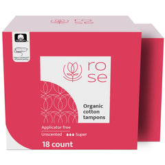 ROSE Organic Tampons non-applicator packaging for on-the-go convenience.