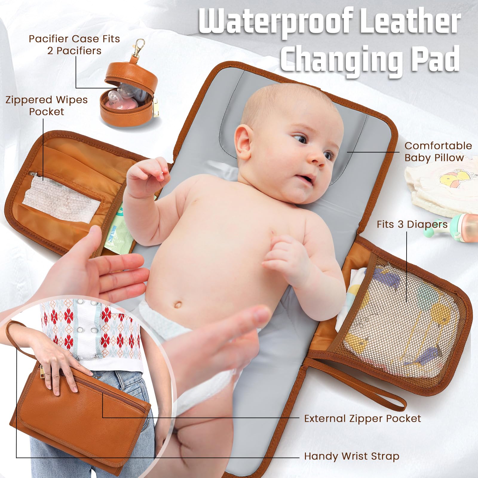 ROSEGIN buttery-soft vegan leather in brown highlights premium feel and durability.