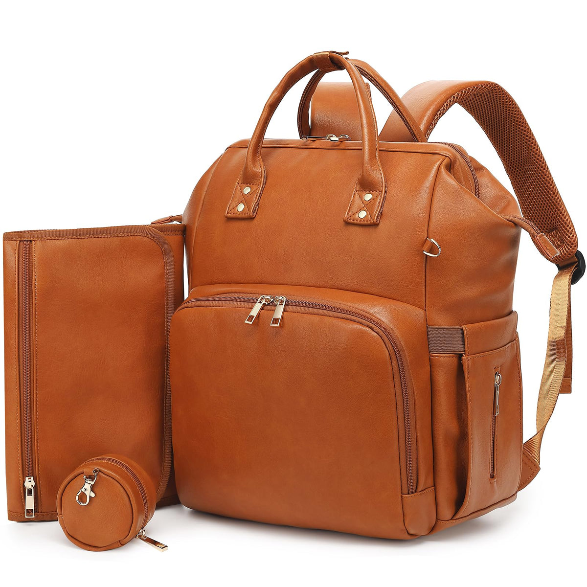 ROSEGIN diaper backpack in brown shows organized storage for busy day trips.