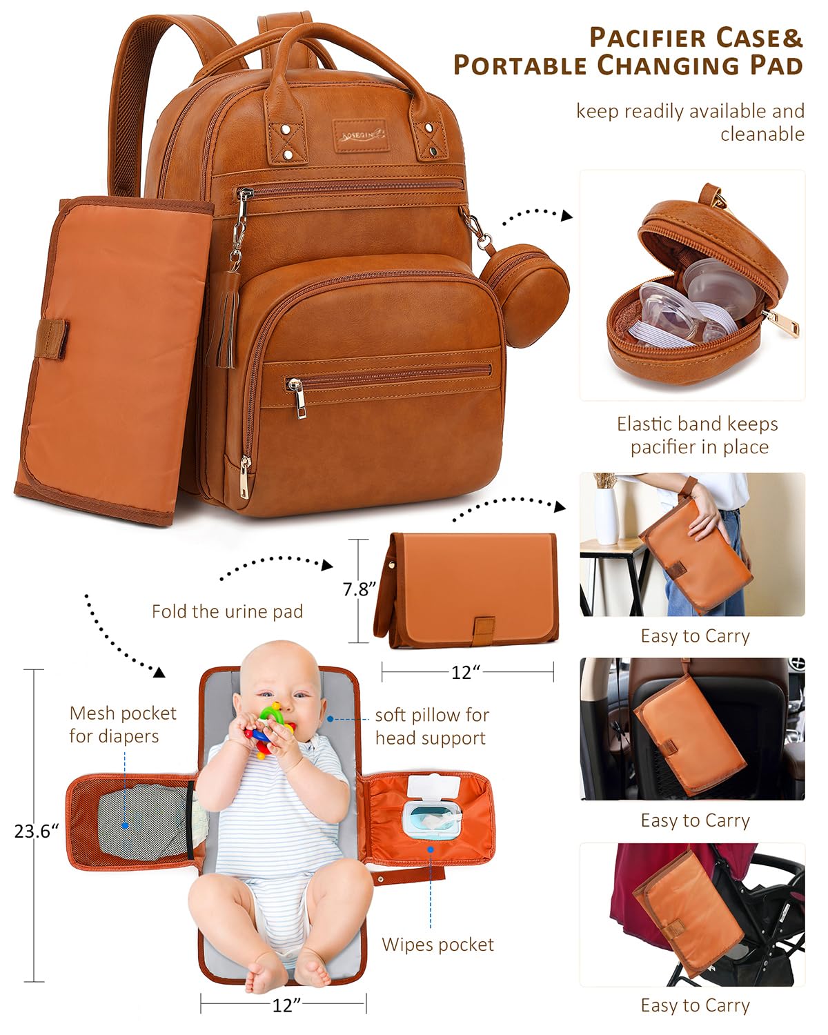 Stroller straps on the ROSEGIN diaper bag enable hands-free outings