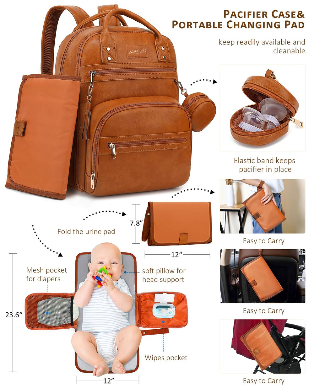 Stroller straps on the ROSEGIN diaper bag enable hands-free outings