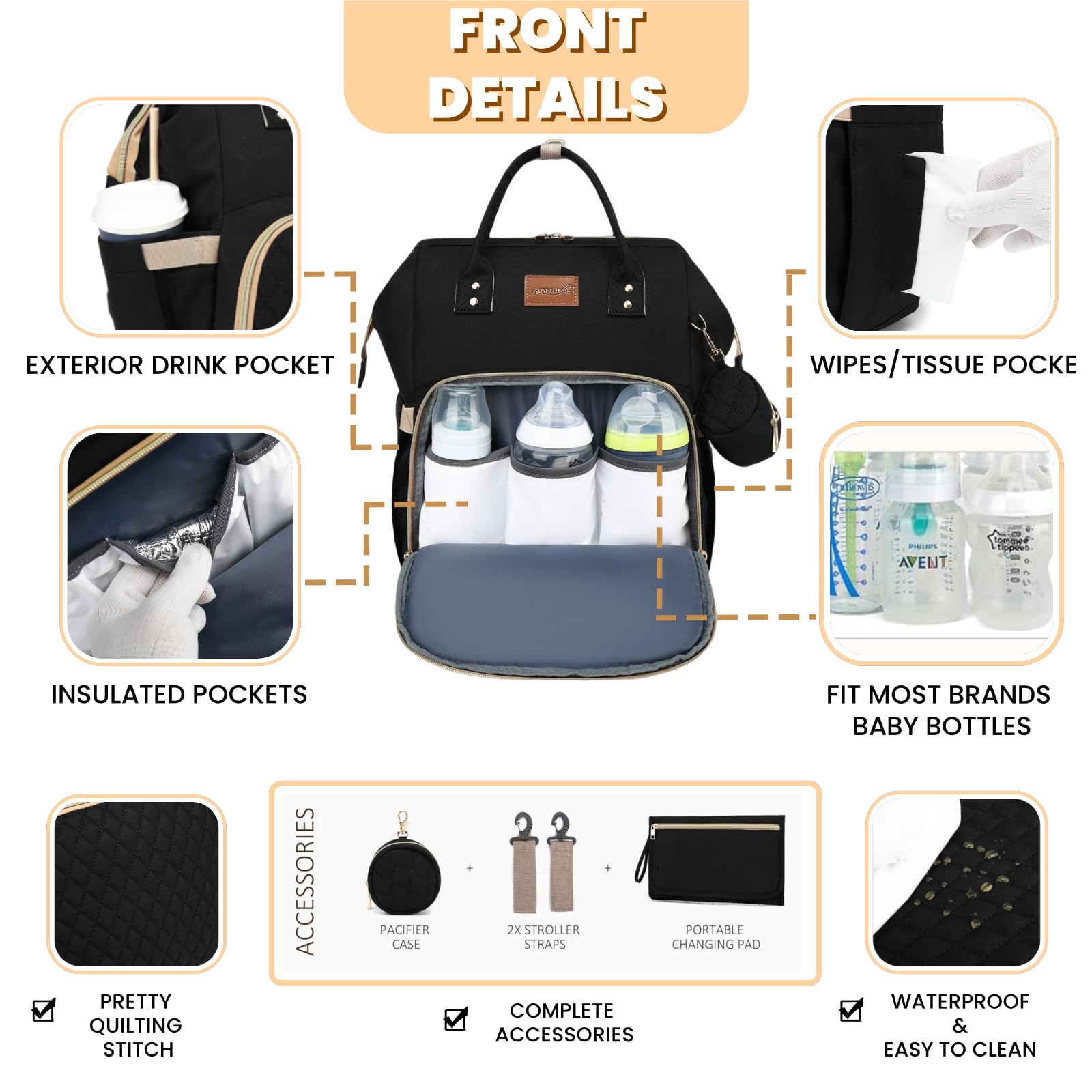 ROSEGIN diaper bag 900D waterproof fabric for everyday durability.