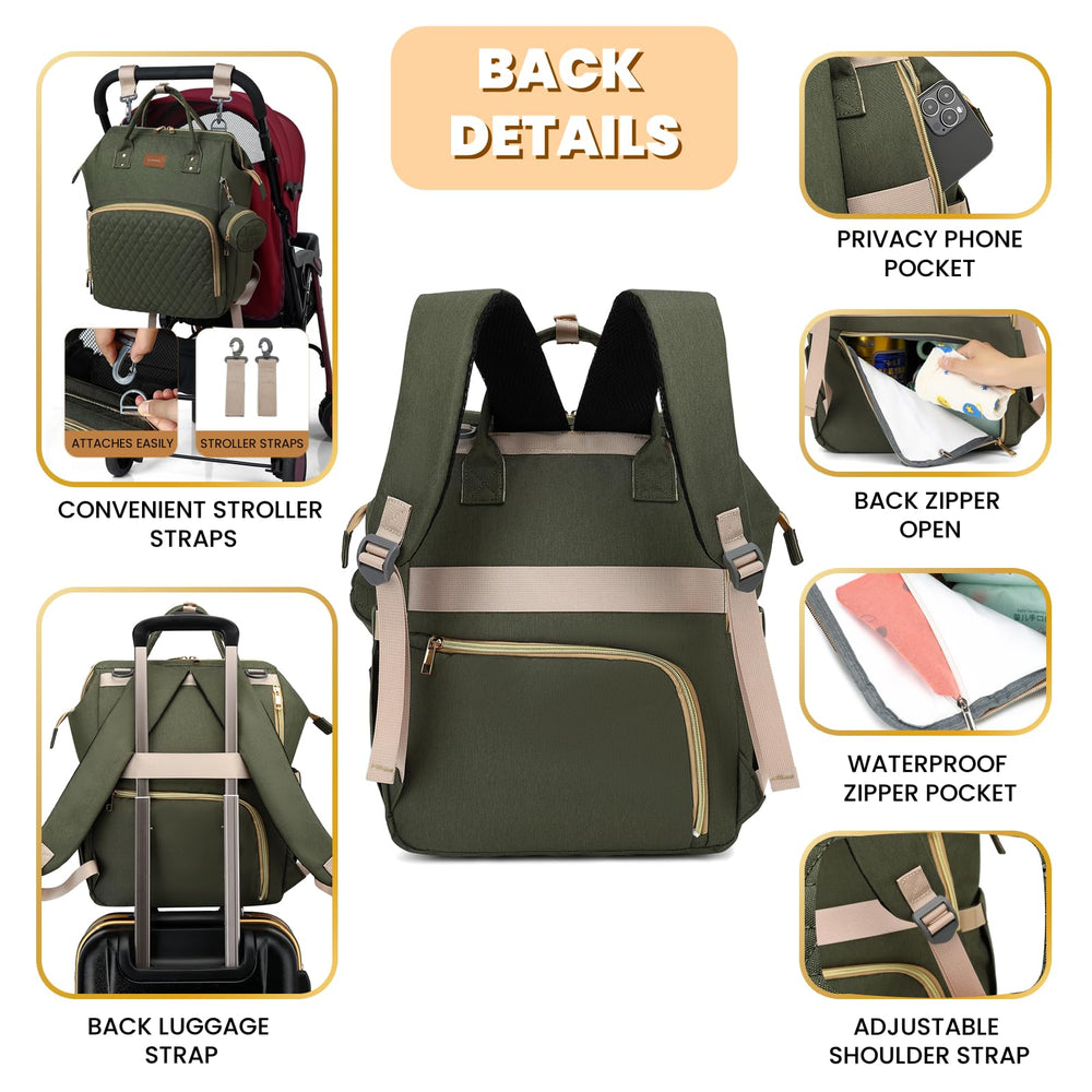 ROSEGIN diaper bag interior layout showcases 16 pockets and laptop compatibility.