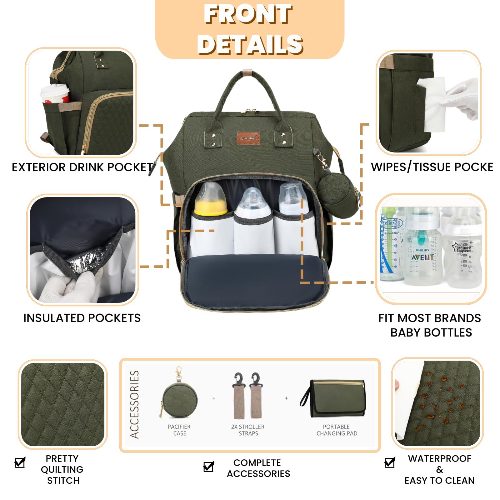 ROSEGIN diaper bag side pocket open demonstrates practical bottle and accessory storage.