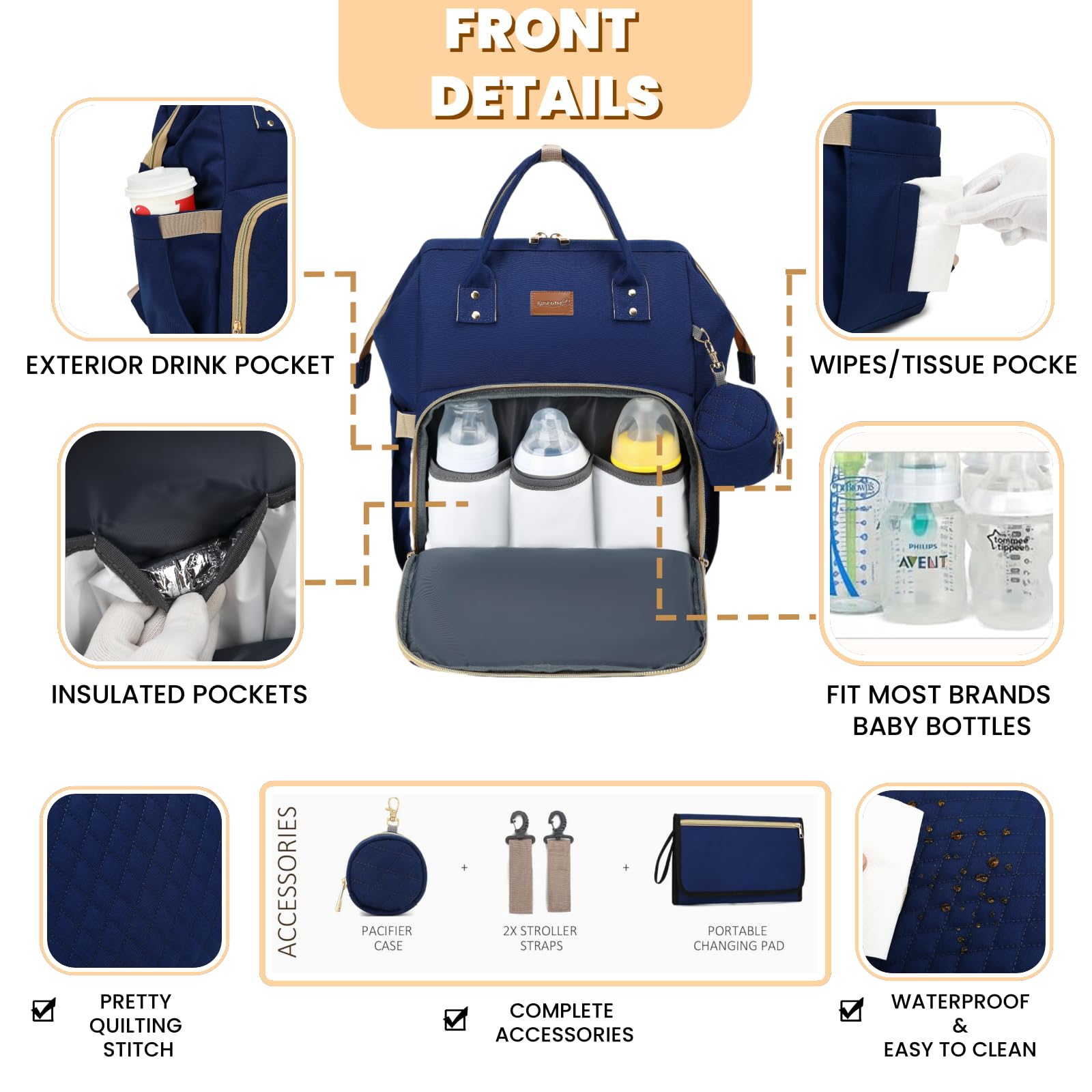 ROSEGIN Diaper Bag Waterproof 900D fabric highlighting durability