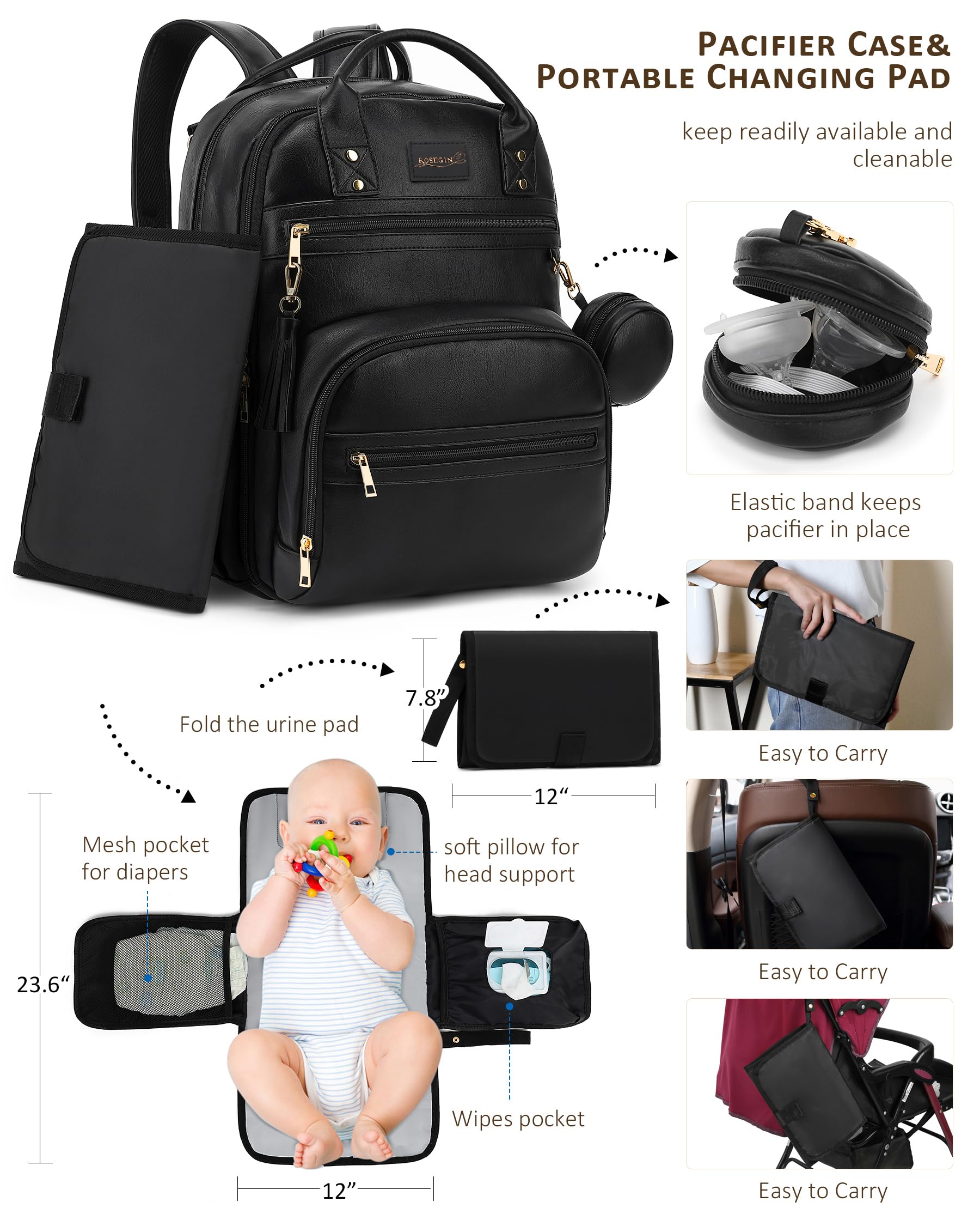 ROSEGIN vegan leather with reinforced stitching and sturdy zippers withstand daily use.