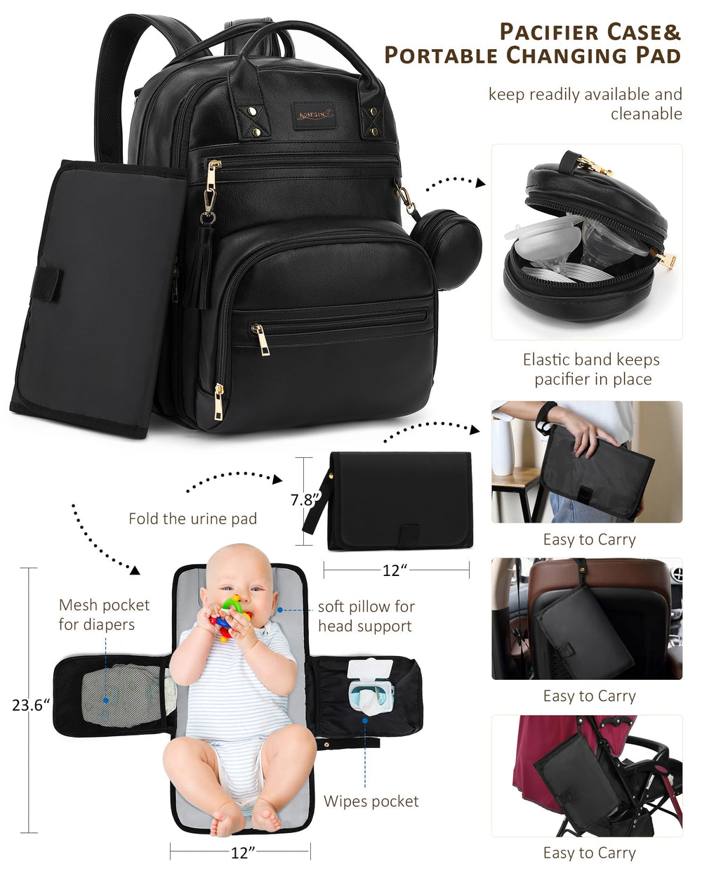 ROSEGIN vegan leather with reinforced stitching and sturdy zippers withstand daily use.