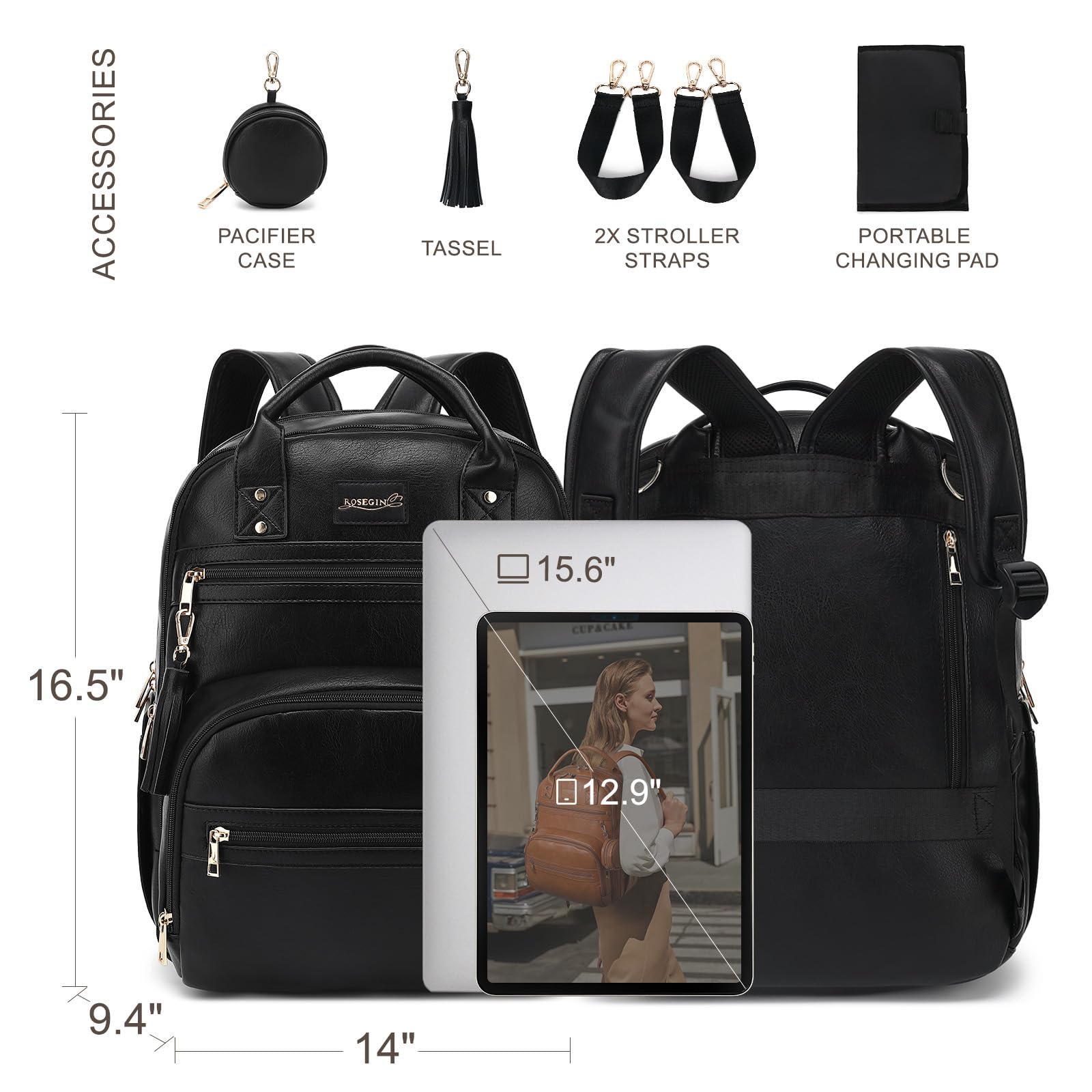 ROSEGIN laptop slot fits up to 15.6 inches for work on the go.