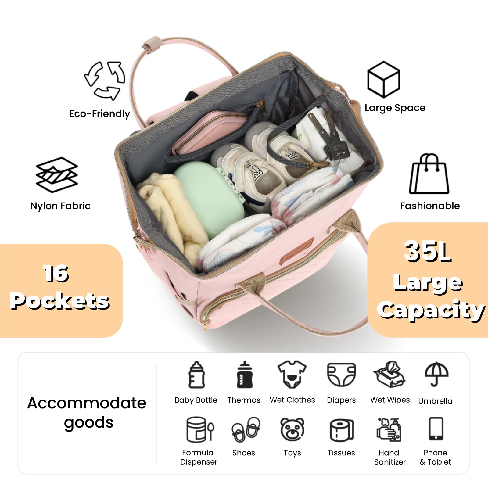 ROSEGIN pink diaper bag back panel access enables quick retrieval of items