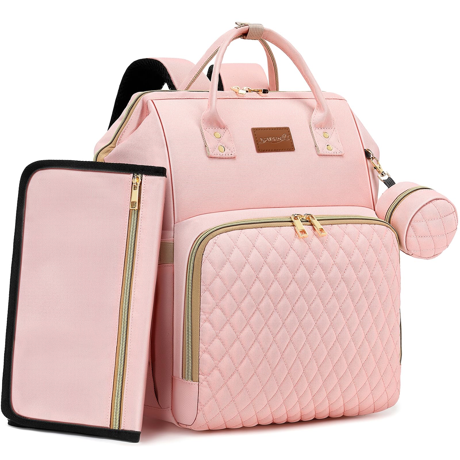 ROSEGIN pink diaper bag backpack front view highlighting 35L capacity for essentials