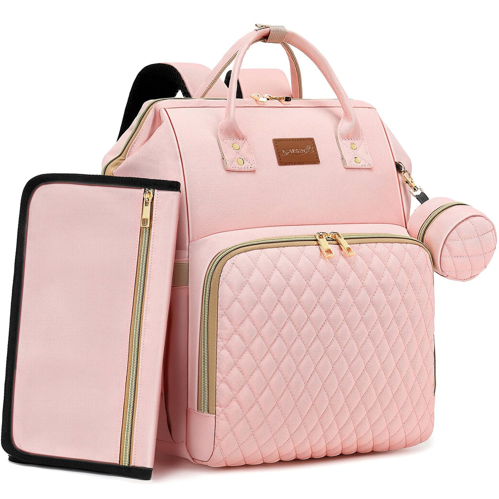 ROSEGIN pink diaper bag backpack front view highlighting 35L capacity for essentials