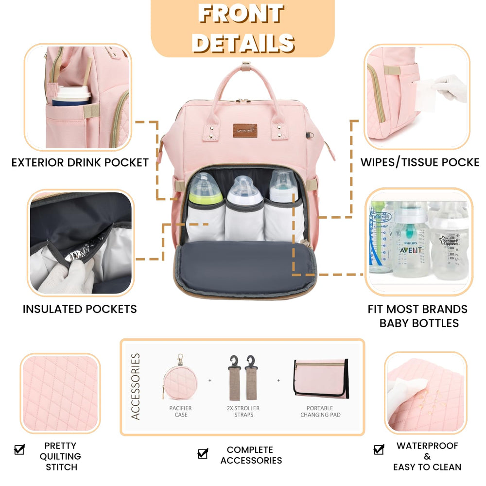 ROSEGIN pink diaper bag interior with organized pockets for easy packing