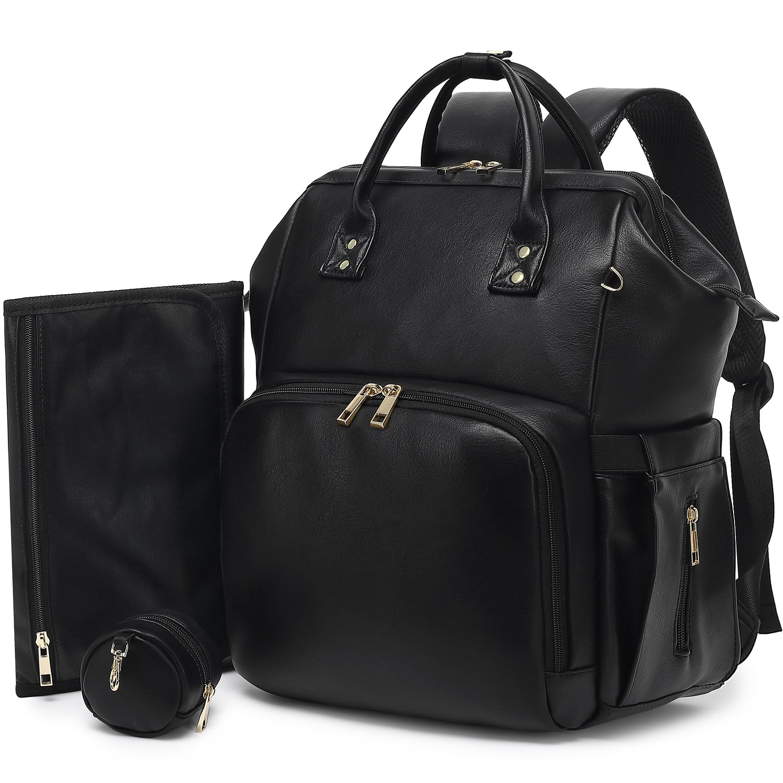 ROSEGIN premium vegan leather diaper backpack front view with spacious 30L capacity and organized pockets.