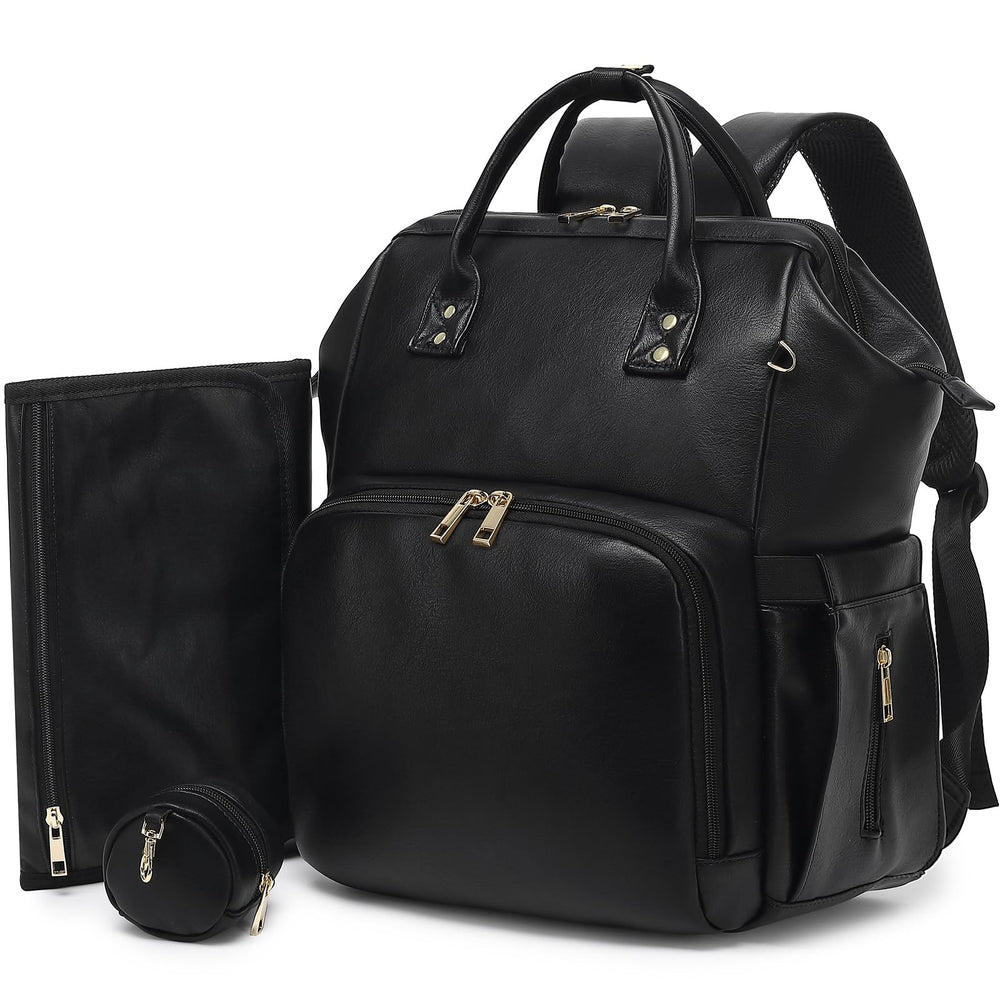 ROSEGIN premium vegan leather diaper backpack front view with spacious 30L capacity and organized pockets.