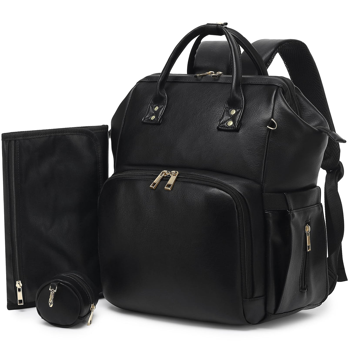 ROSEGIN premium vegan leather diaper backpack front view with spacious 30L capacity and organized pockets.
