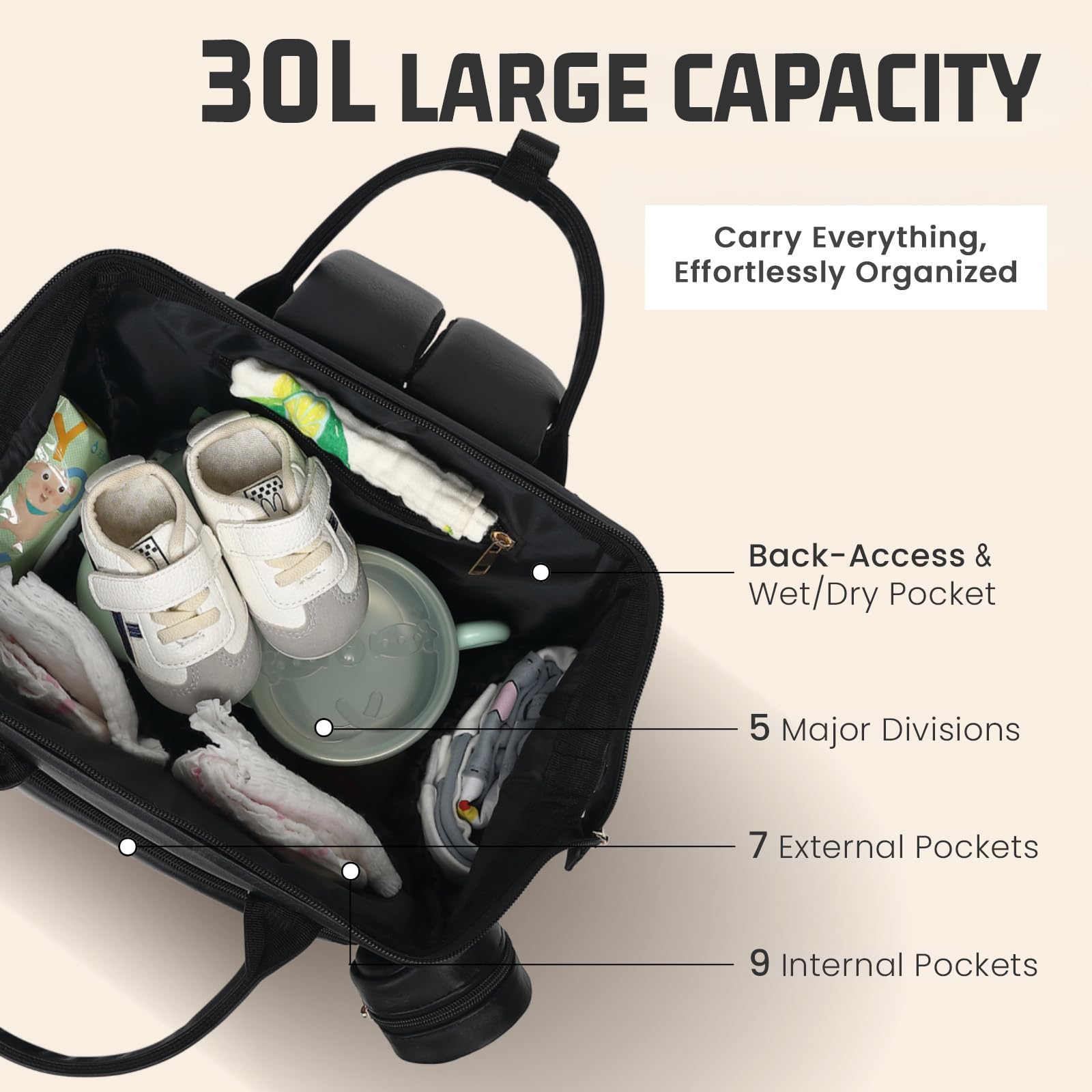 ROSEGIN premium vegan leather diaper backpack insulated bottle holders keep drinks at the right temperature.
