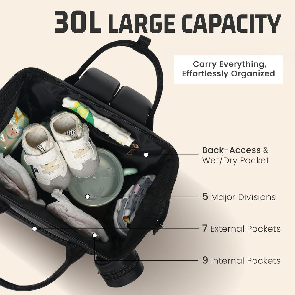 ROSEGIN premium vegan leather diaper backpack insulated bottle holders keep drinks at the right temperature.