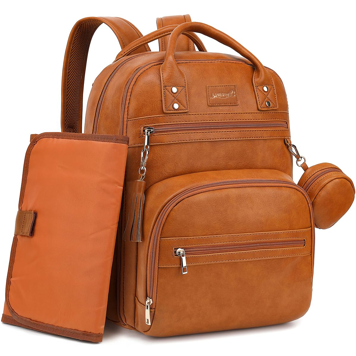 ROSEGIN vegan leather diaper backpack with waterproof changing pad for dry outings