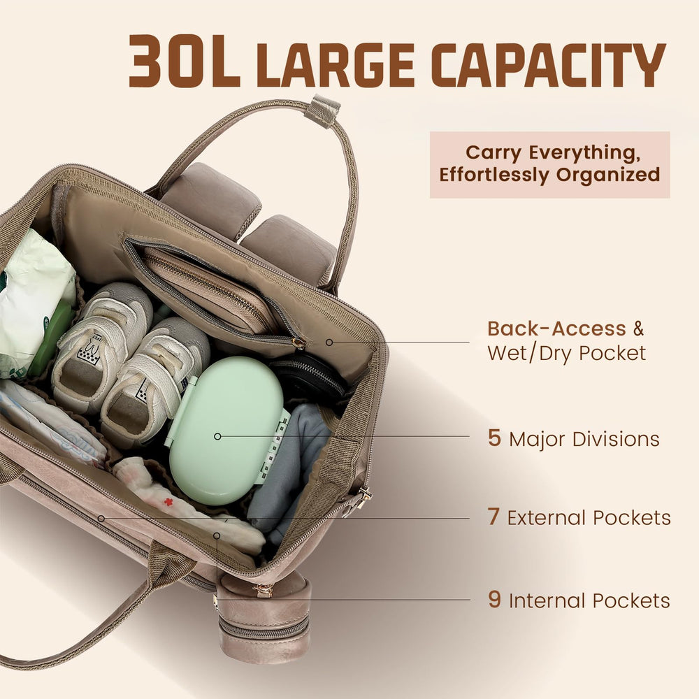 ROSEGIN bag back-panel access enables quick diaper and wipe retrieval.