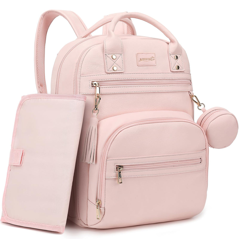 ROSEGIN premium vegan leather diaper bag backpack in pink, front view for stylish motherhood on the go.