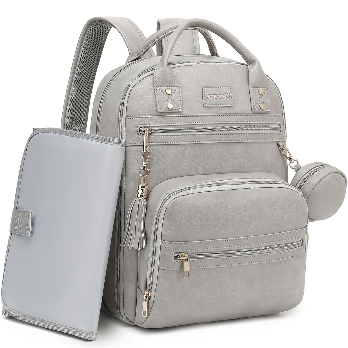 ROSEGIN premium vegan leather diaper bag backpack front view for stylish, organized daily outings