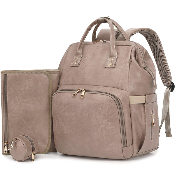 ROSEGIN vegan leather diaper bag backpack front view with organized pockets for on-the-go storage.