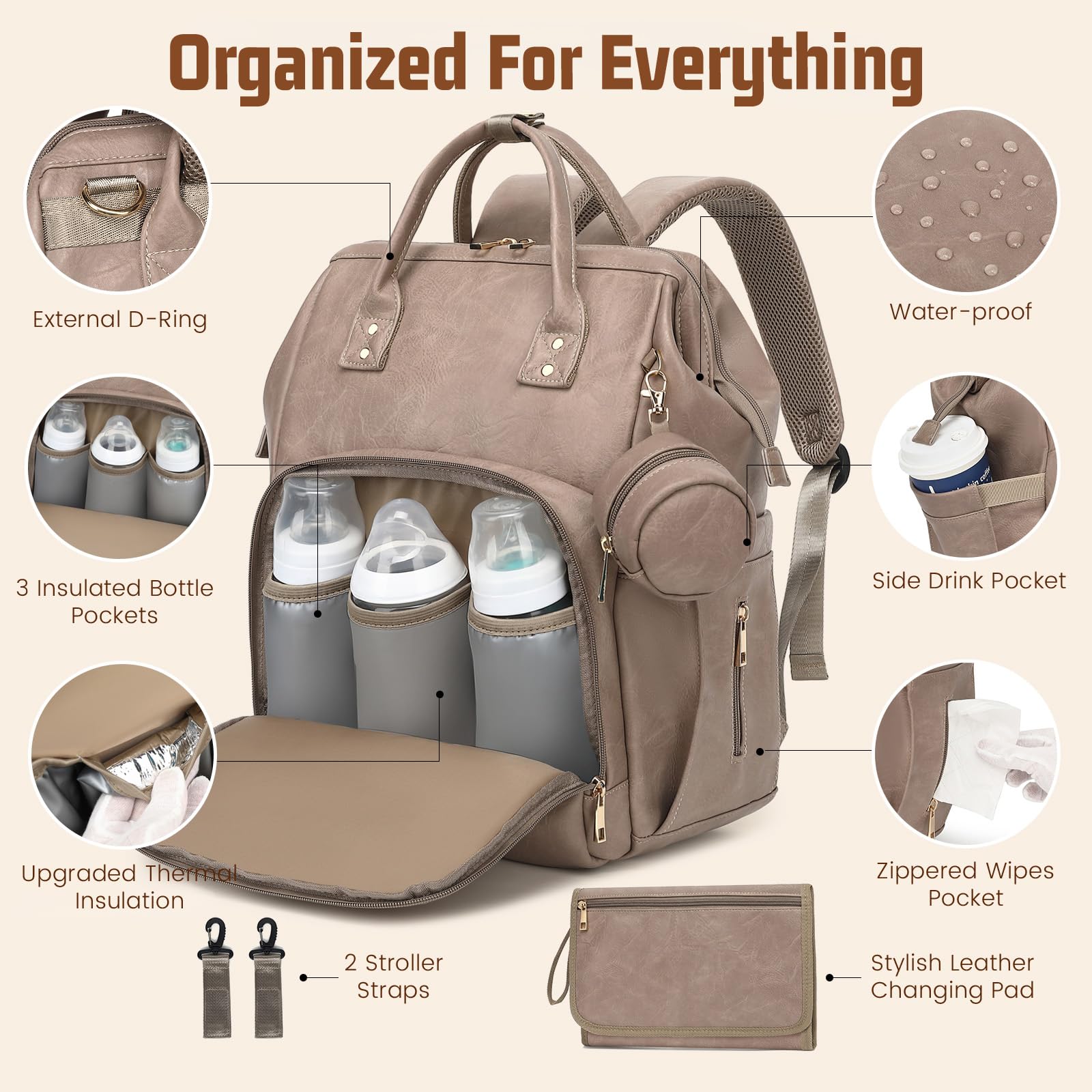 ROSEGIN bag with insulated bottle holders keeps bottles ready during outings.