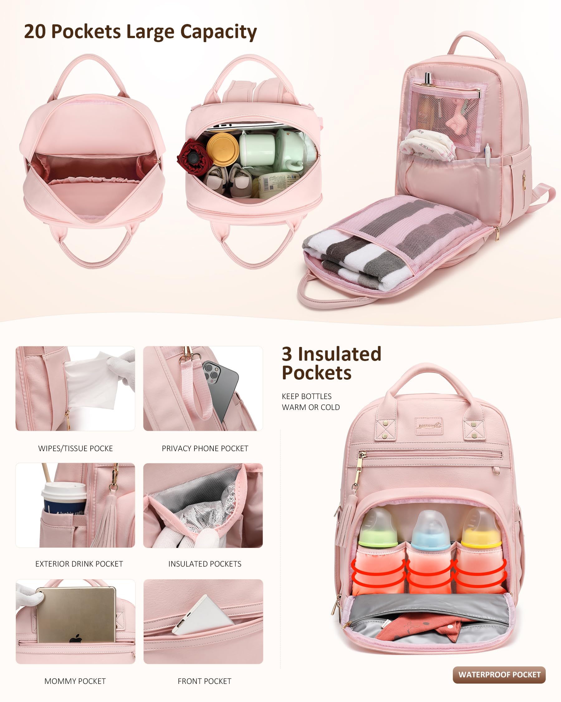 ROSEGIN interior layout shows organized pockets and space for baby essentials.