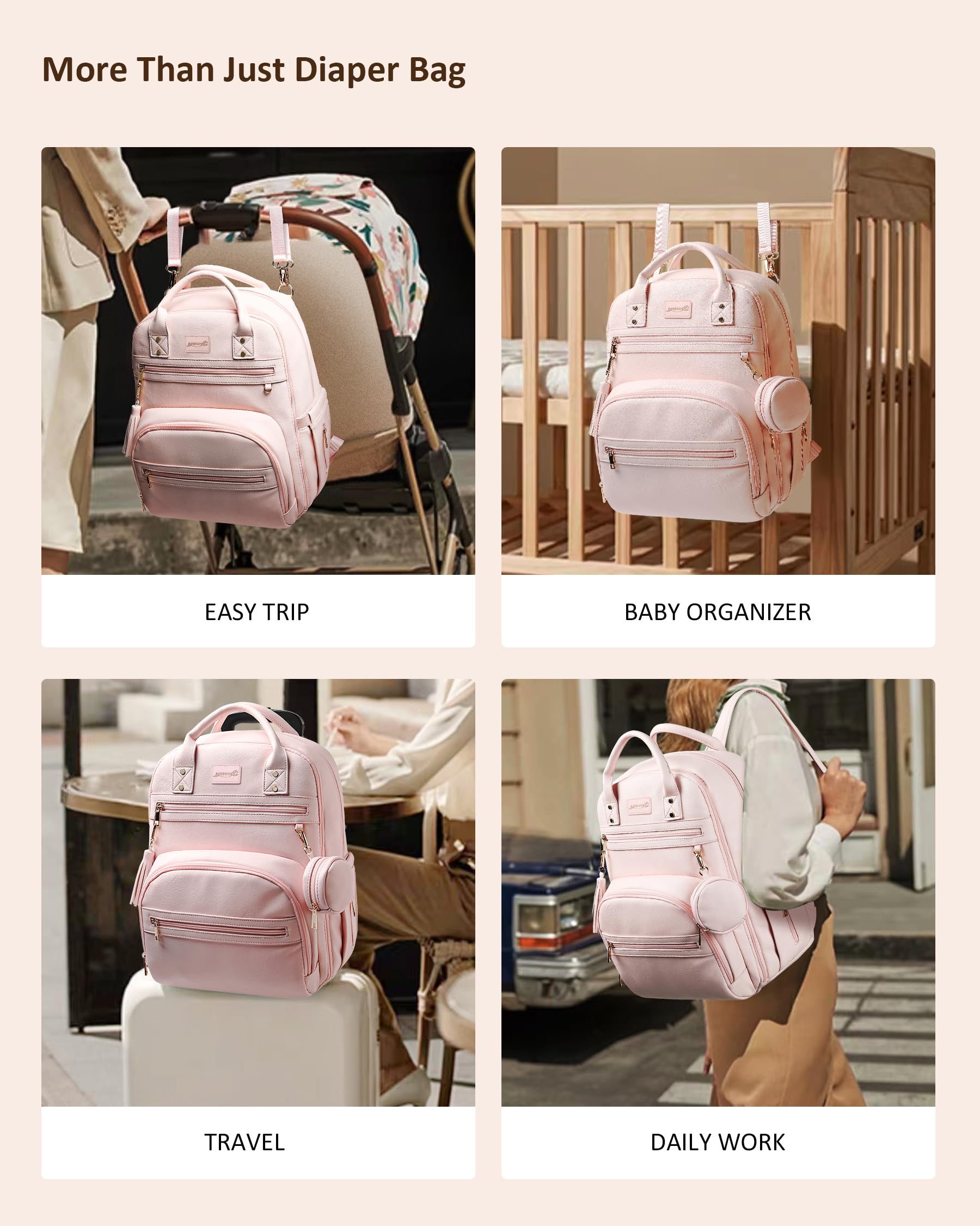 ROSEGIN pink vegan-leather diaper bag showcases durable, easy-clean finish for busy parents.